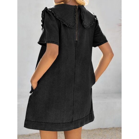 Women's Summer Denim Mini Dress Oversized Peter Pan Collar Casual Flowy - Picture 5 of 6